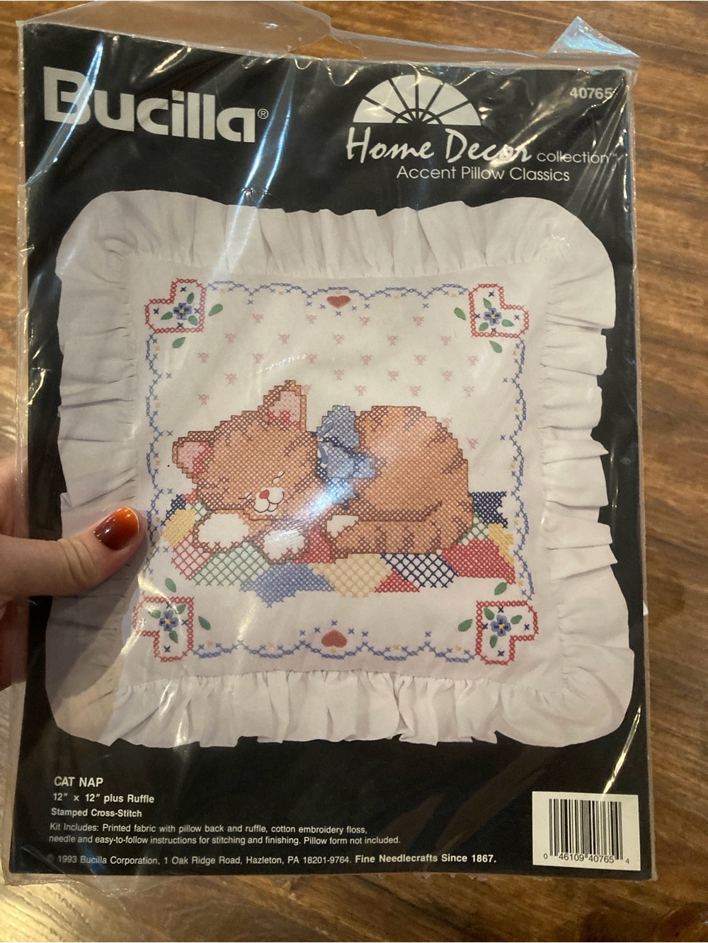 Bucilla Brown Cat with Blue Bow Cross-Stitch Pillow Kit